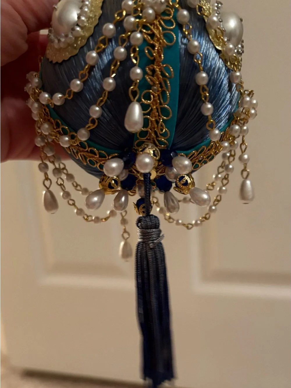 Handcrafted Blue and White Beaded Tassel Push Pin Ornament